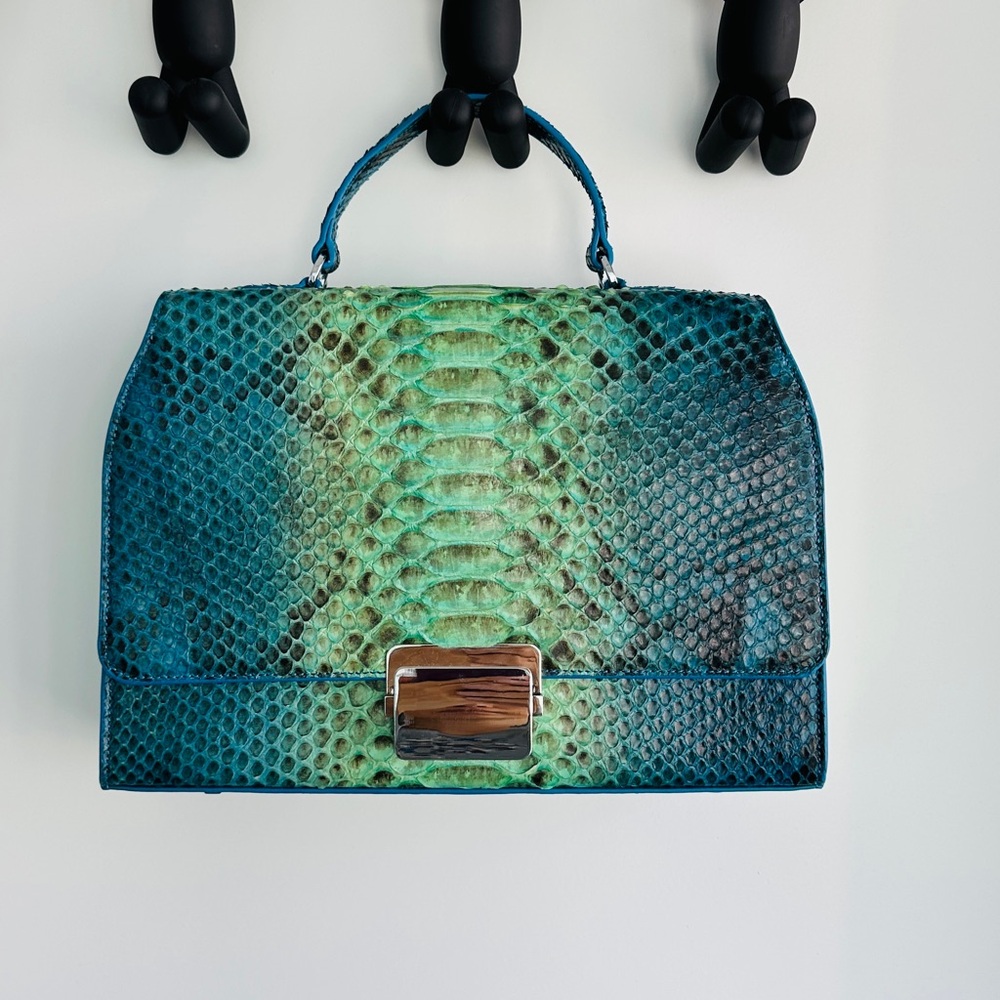 Elegant Blue-Green Python Leather Handbag, hand made , custom made